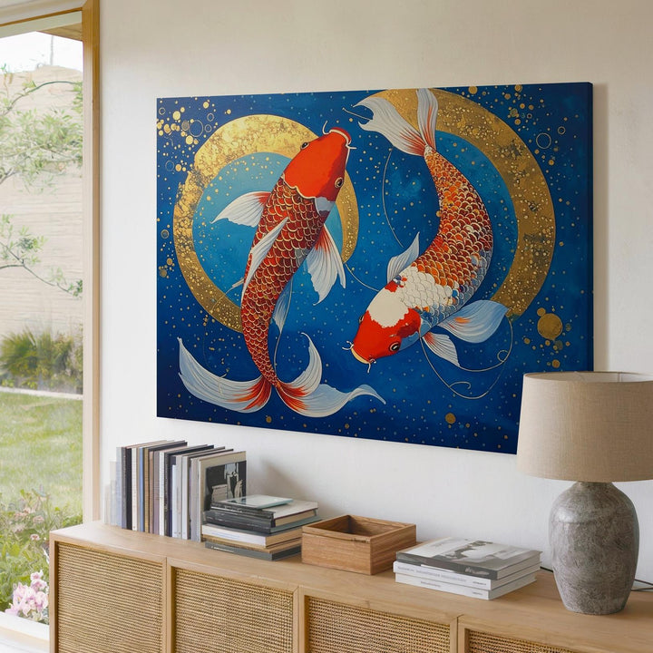 Golden Koi Harmony Canvas – Japanese Yin-Yang Fish on Deep Blue Wall Art - Gifitto