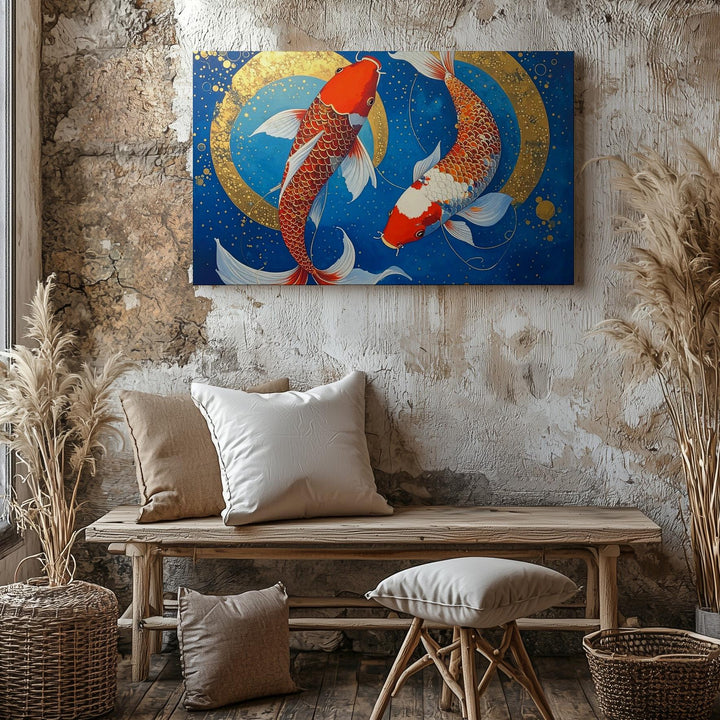 Golden Koi Harmony Canvas – Japanese Yin-Yang Fish on Deep Blue Wall Art - Gifitto