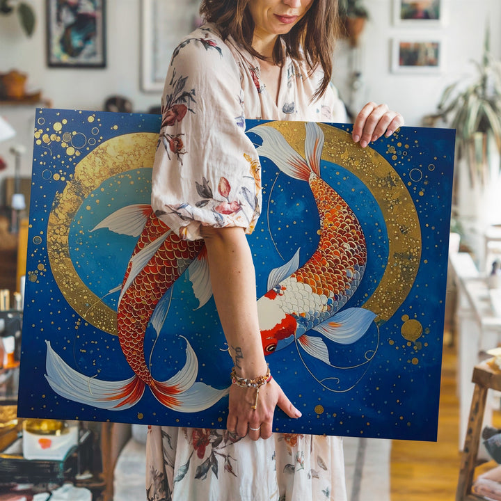 Golden Koi Harmony Canvas – Japanese Yin-Yang Fish on Deep Blue Wall Art - Gifitto