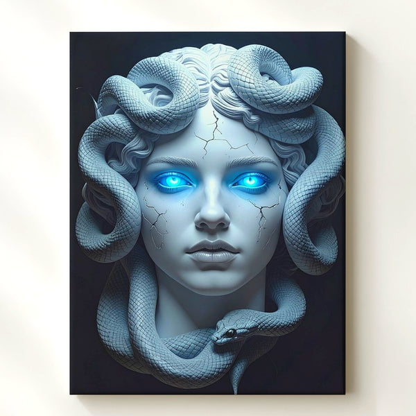 Frozen Medusa Bust Canvas – Hyper-Realistic 3D White Gorgon with Blue Glowing Eyes - Gifitto