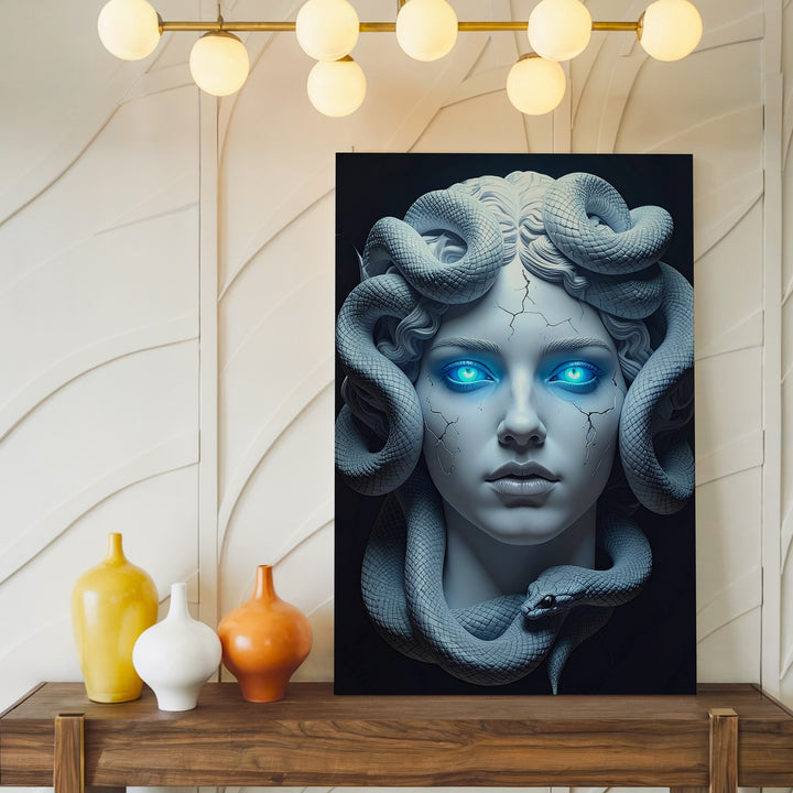 Frozen Medusa Bust Canvas – Hyper-Realistic 3D White Gorgon with Blue Glowing Eyes - Gifitto