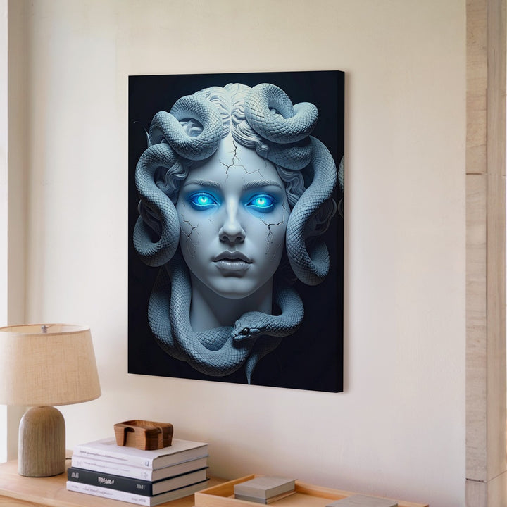 Frozen Medusa Bust Canvas – Hyper-Realistic 3D White Gorgon with Blue Glowing Eyes - Gifitto