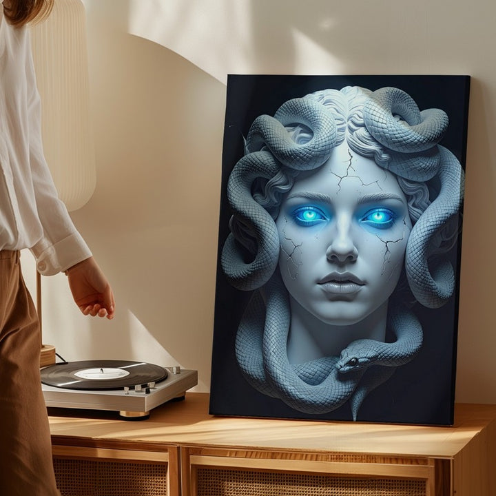Frozen Medusa Bust Canvas – Hyper-Realistic 3D White Gorgon with Blue Glowing Eyes - Gifitto