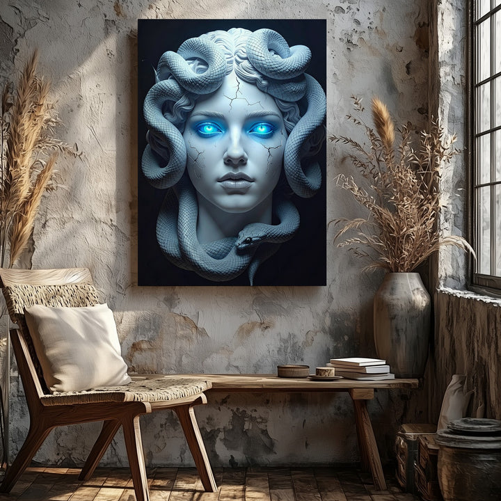 Frozen Medusa Bust Canvas – Hyper-Realistic 3D White Gorgon with Blue Glowing Eyes - Gifitto