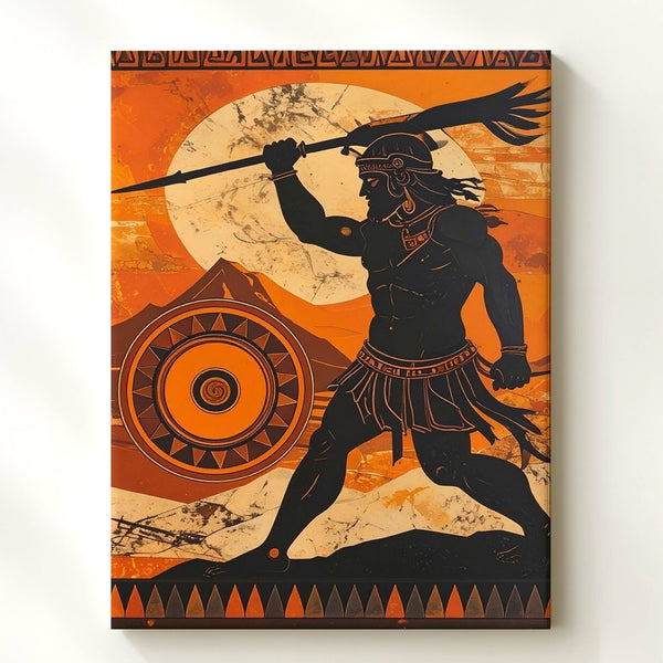 Greek Warrior in Battle Canvas – Stylized Perseus with Spear and Shield - Gifitto