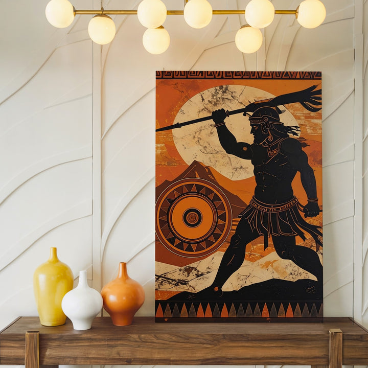 Greek Warrior in Battle Canvas – Stylized Perseus with Spear and Shield - Gifitto