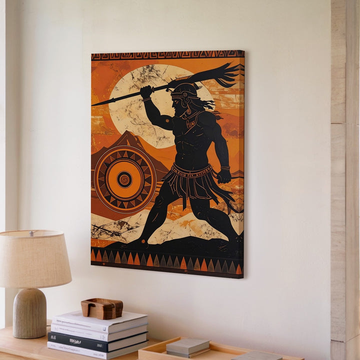 Greek Warrior in Battle Canvas – Stylized Perseus with Spear and Shield - Gifitto