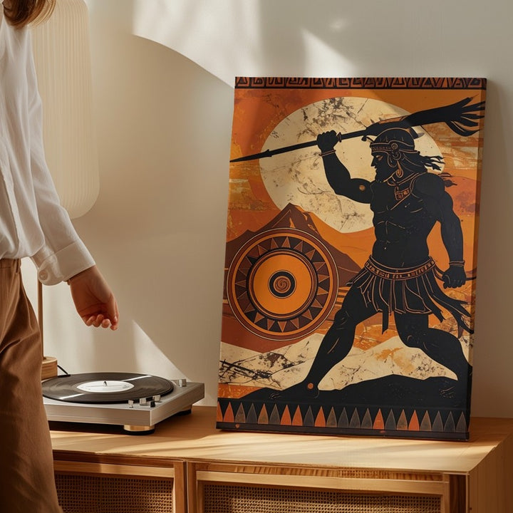 Greek Warrior in Battle Canvas – Stylized Perseus with Spear and Shield - Gifitto
