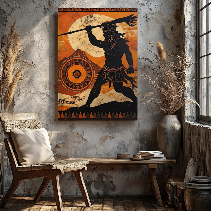 Greek Warrior in Battle Canvas – Stylized Perseus with Spear and Shield - Gifitto