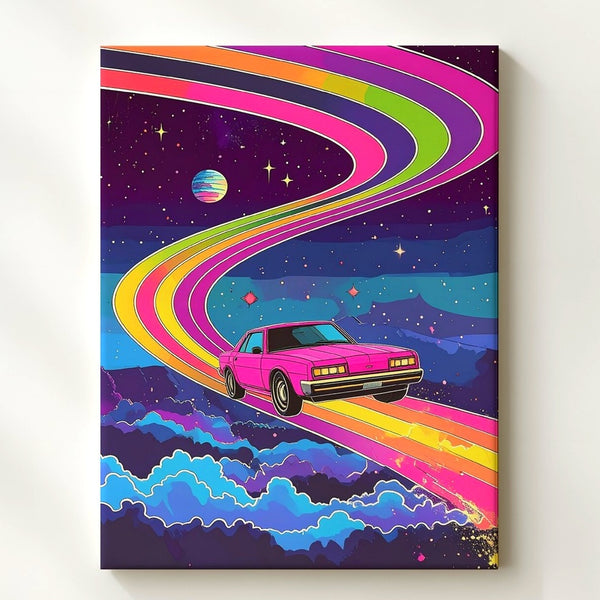 Retro Pink Car on Rainbow Road Canvas – Surreal 80s Synthwave Art - Gifitto