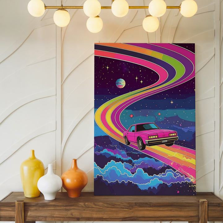Retro Pink Car on Rainbow Road Canvas – Surreal 80s Synthwave Art - Gifitto