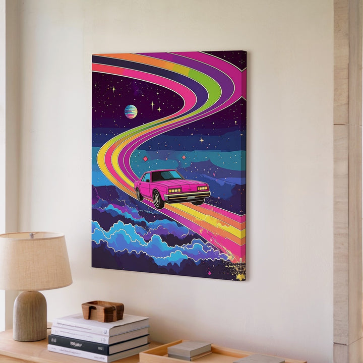 Retro Pink Car on Rainbow Road Canvas – Surreal 80s Synthwave Art - Gifitto
