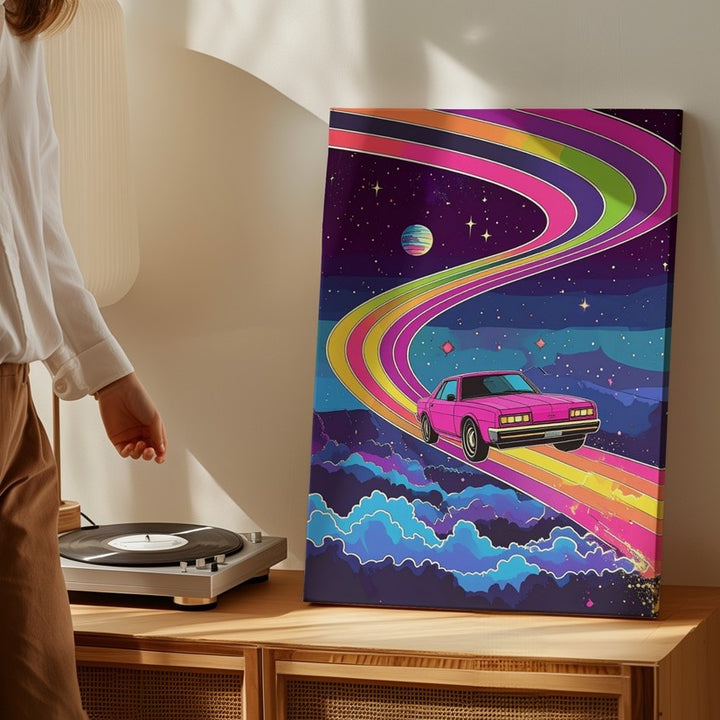 Retro Pink Car on Rainbow Road Canvas – Surreal 80s Synthwave Art - Gifitto