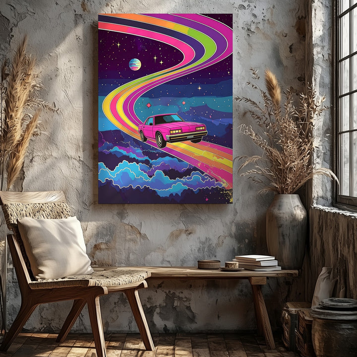 Retro Pink Car on Rainbow Road Canvas – Surreal 80s Synthwave Art - Gifitto