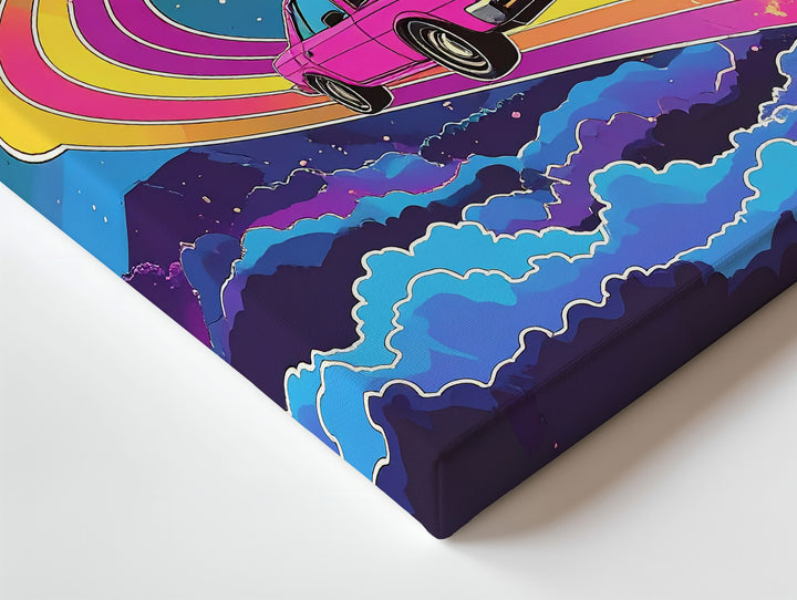 Retro Pink Car on Rainbow Road Canvas – Surreal 80s Synthwave Art - Gifitto