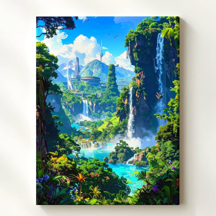 Futuristic Nature Harmony Canvas – Lush Landscape with Technology and Waterfalls - Gifitto