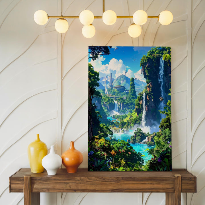 Futuristic Nature Harmony Canvas – Lush Landscape with Technology and Waterfalls - Gifitto