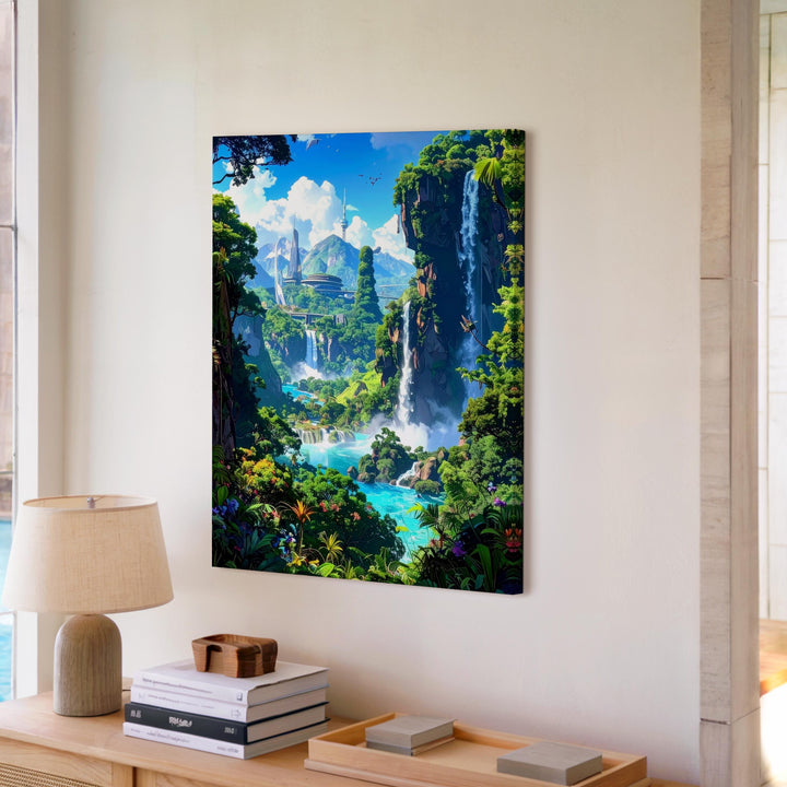 Futuristic Nature Harmony Canvas – Lush Landscape with Technology and Waterfalls - Gifitto