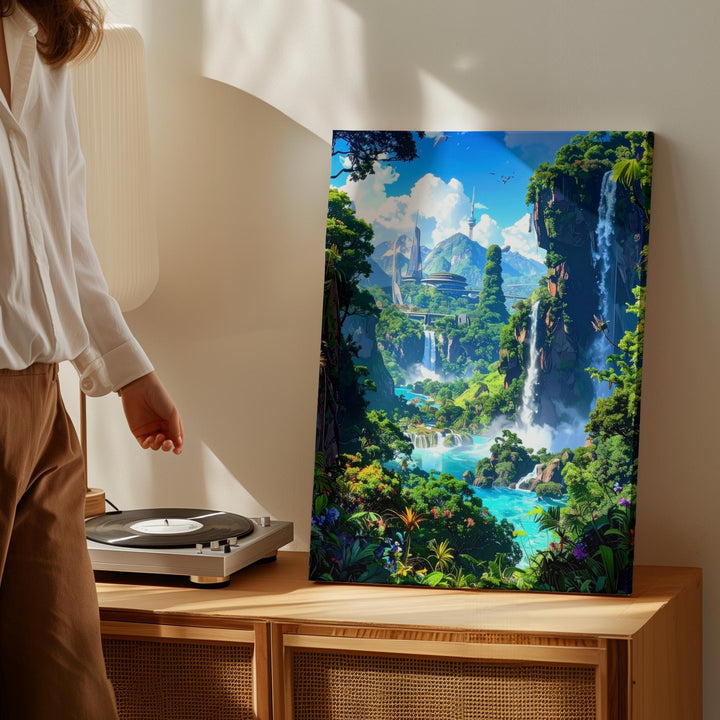 Futuristic Nature Harmony Canvas – Lush Landscape with Technology and Waterfalls - Gifitto