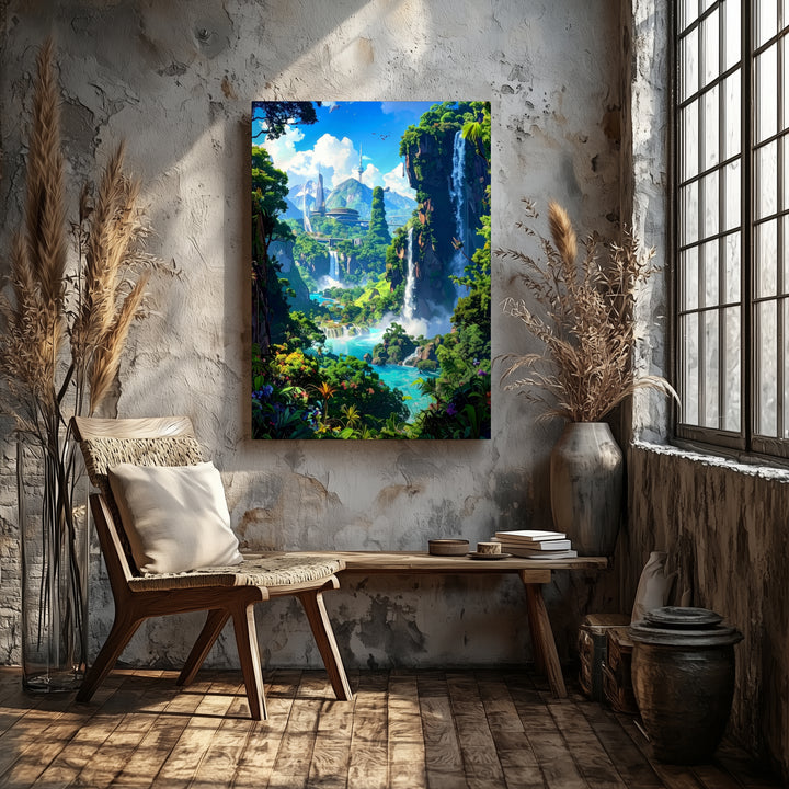 Futuristic Nature Harmony Canvas – Lush Landscape with Technology and Waterfalls - Gifitto