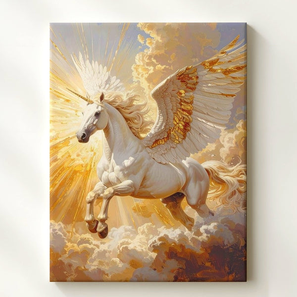 Pegasus in Flight Canvas – Majestic Winged Horse with Golden Wings - Gifitto