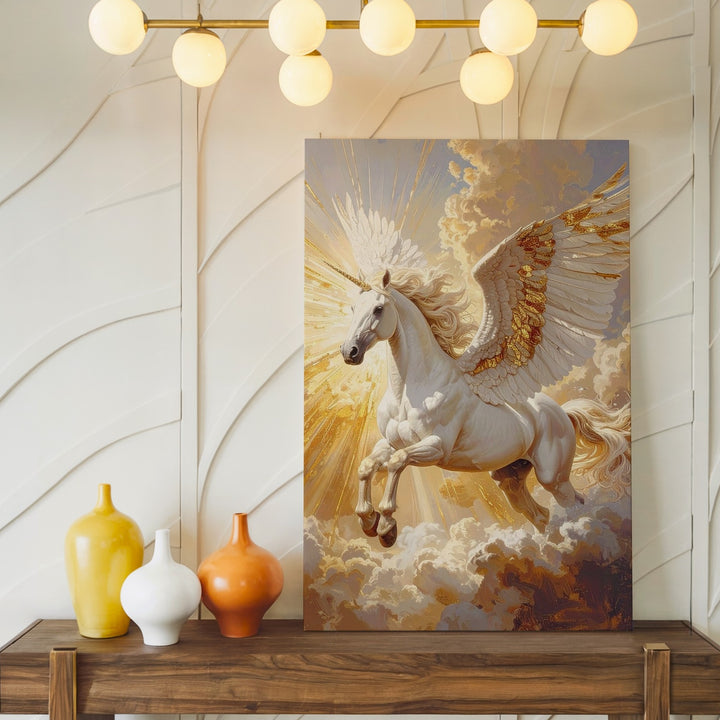 Pegasus in Flight Canvas – Majestic Winged Horse with Golden Wings - Gifitto