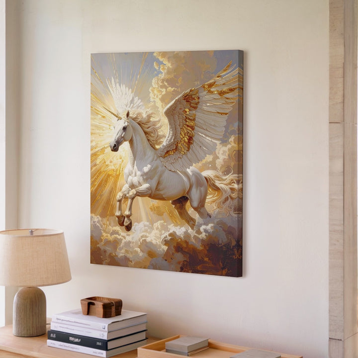 Pegasus in Flight Canvas – Majestic Winged Horse with Golden Wings - Gifitto