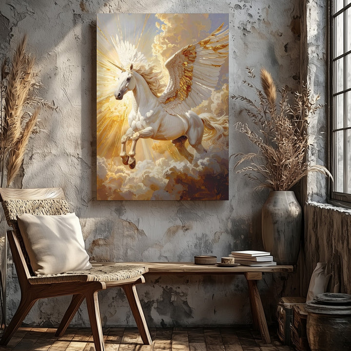 Pegasus in Flight Canvas – Majestic Winged Horse with Golden Wings - Gifitto