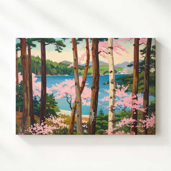 Pines & Cherry Blossoms Canvas – Classical Japanese Spring Lake Scene - Gifitto