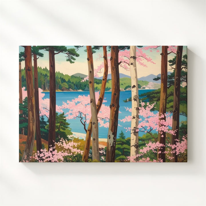 Pines & Cherry Blossoms Canvas – Classical Japanese Spring Lake Scene - Gifitto