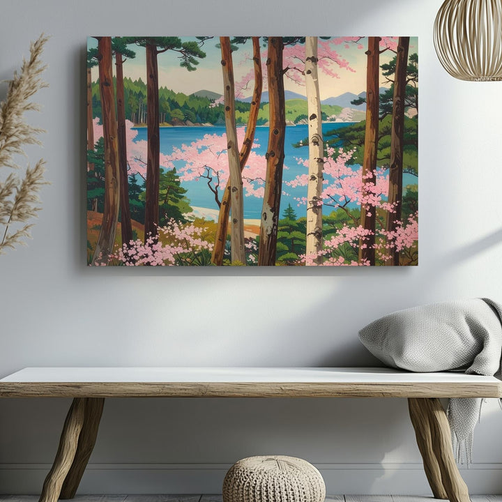 Pines & Cherry Blossoms Canvas – Classical Japanese Spring Lake Scene - Gifitto