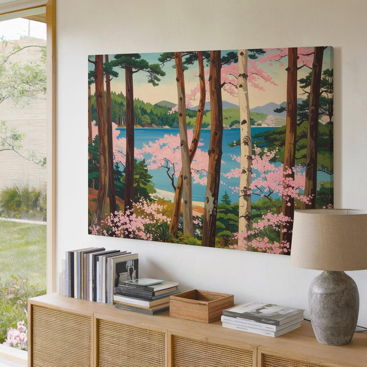 Pines & Cherry Blossoms Canvas – Classical Japanese Spring Lake Scene - Gifitto