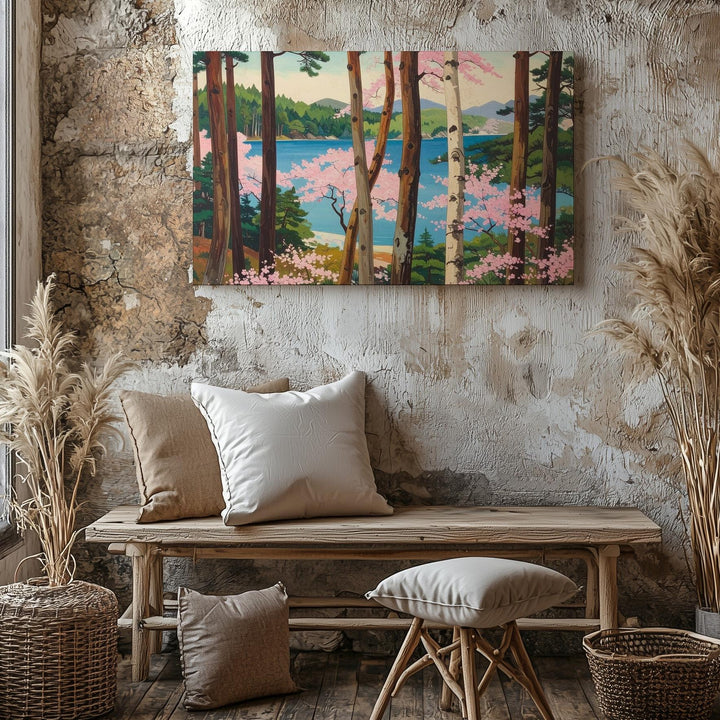 Pines & Cherry Blossoms Canvas – Classical Japanese Spring Lake Scene - Gifitto