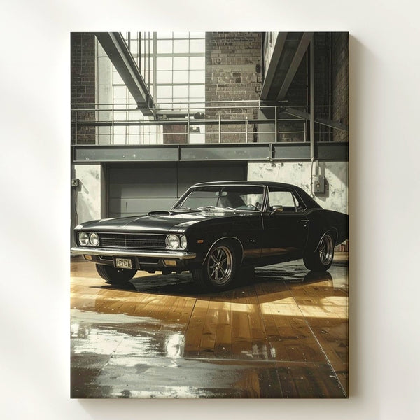 Vintage Ford Mustang Fastback Canvas – Classic Muscle Car in Industrial Garage - Gifitto