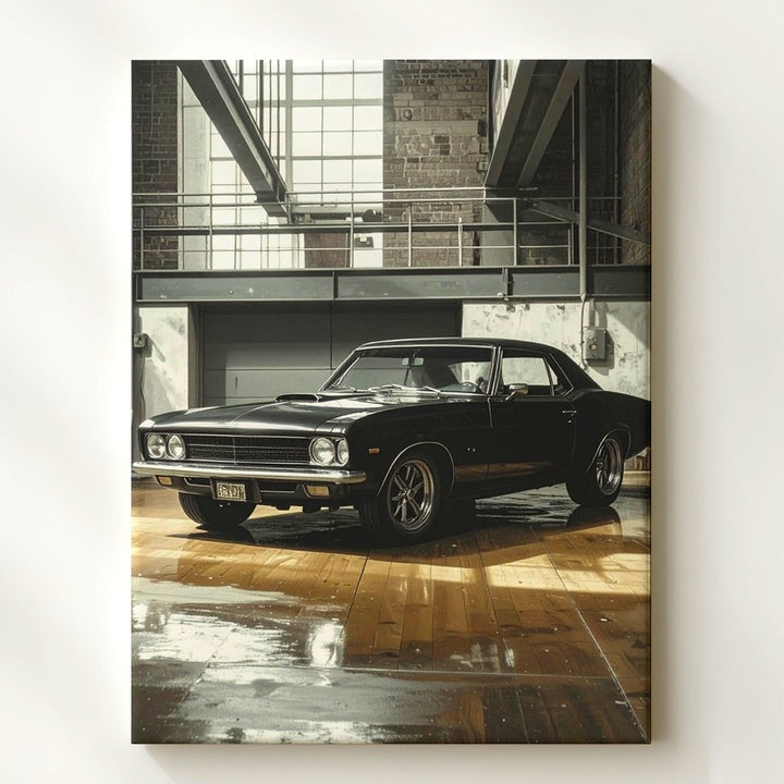 Vintage Ford Mustang Fastback Canvas – Classic Muscle Car in Industrial Garage - Gifitto