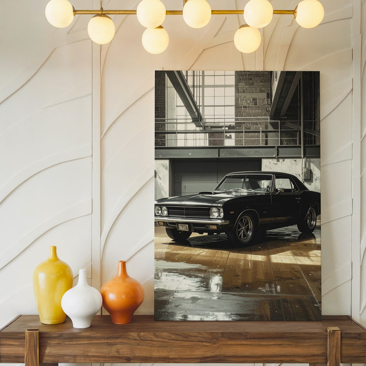Vintage Ford Mustang Fastback Canvas – Classic Muscle Car in Industrial Garage - Gifitto