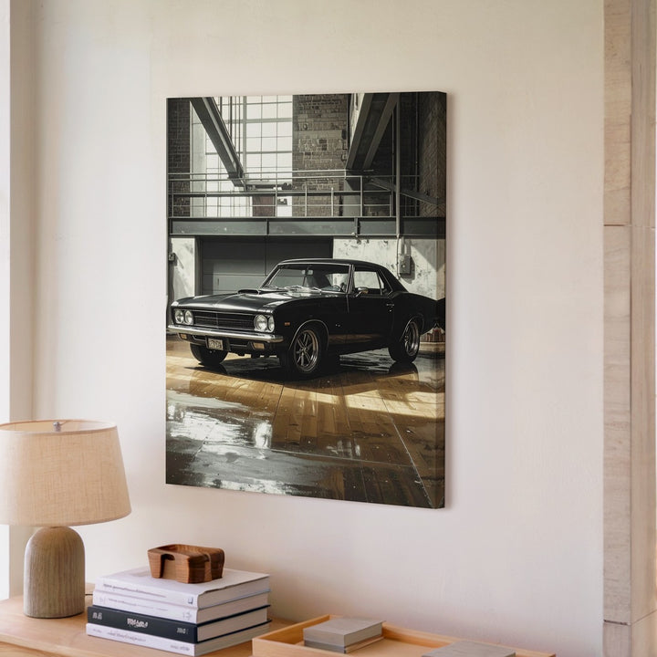 Vintage Ford Mustang Fastback Canvas – Classic Muscle Car in Industrial Garage - Gifitto