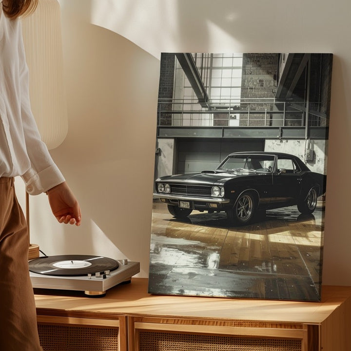 Vintage Ford Mustang Fastback Canvas – Classic Muscle Car in Industrial Garage - Gifitto