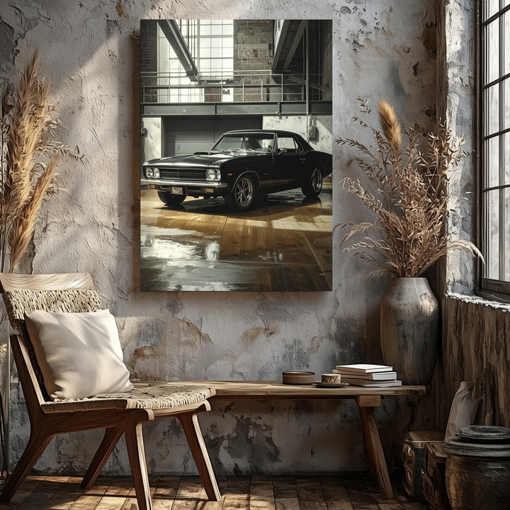 Vintage Ford Mustang Fastback Canvas – Classic Muscle Car in Industrial Garage - Gifitto