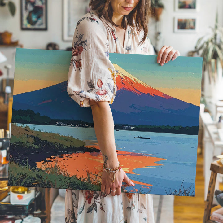 Sunset Glow over Mount Fuji Canvas – Vivid Japanese Lake Landscape Art - Gifitto