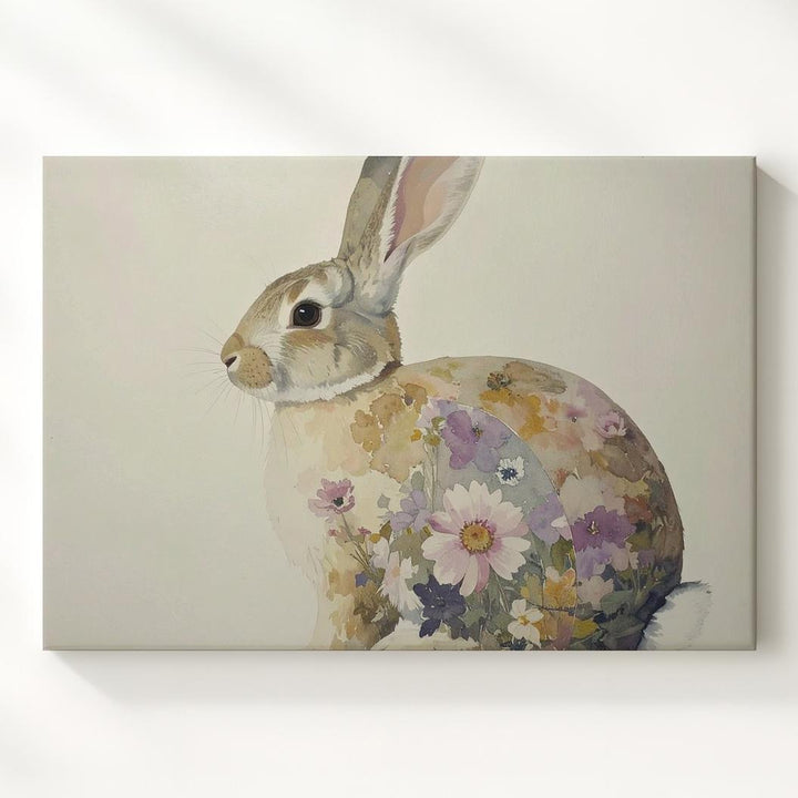 Watercolor Rabbit with Floral Patterns Canvas – Dreamy Spring Wall Art - Gifitto
