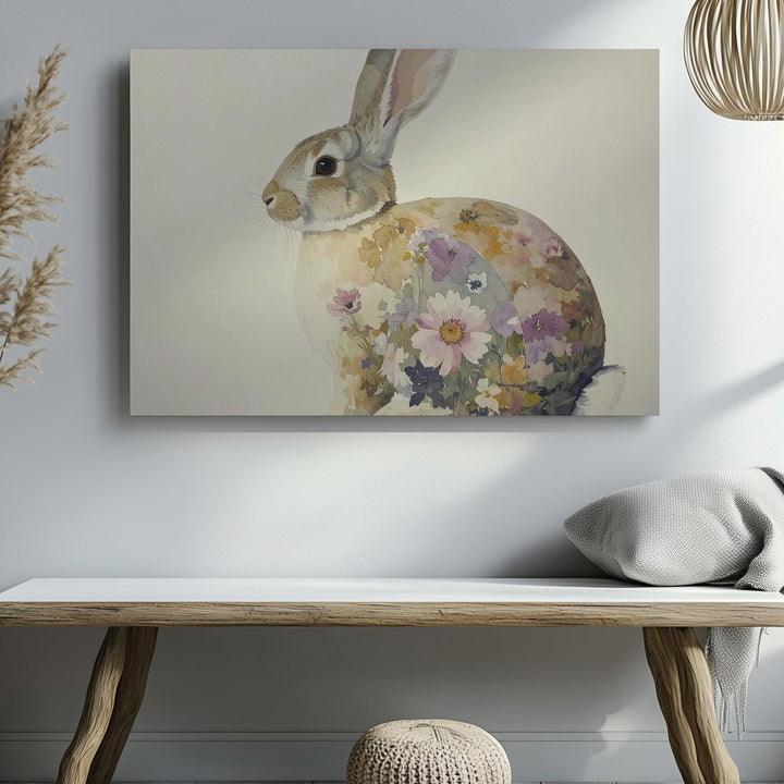 Watercolor Rabbit with Floral Patterns Canvas – Dreamy Spring Wall Art - Gifitto