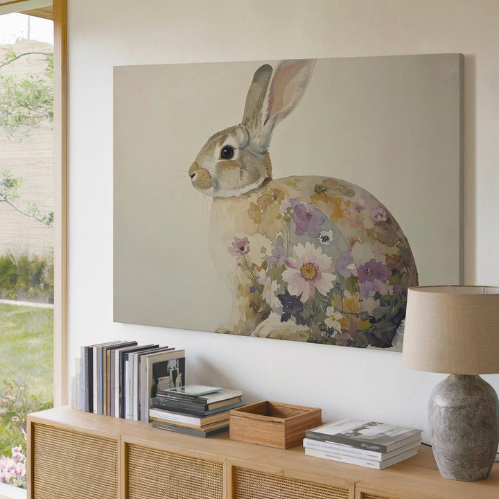 Watercolor Rabbit with Floral Patterns Canvas – Dreamy Spring Wall Art - Gifitto