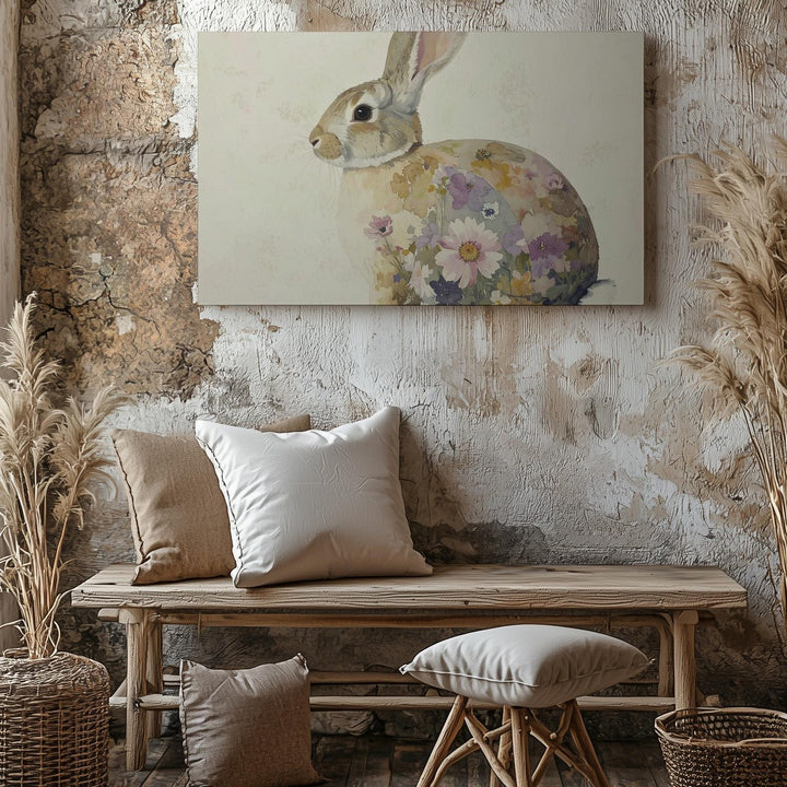 Watercolor Rabbit with Floral Patterns Canvas – Dreamy Spring Wall Art - Gifitto