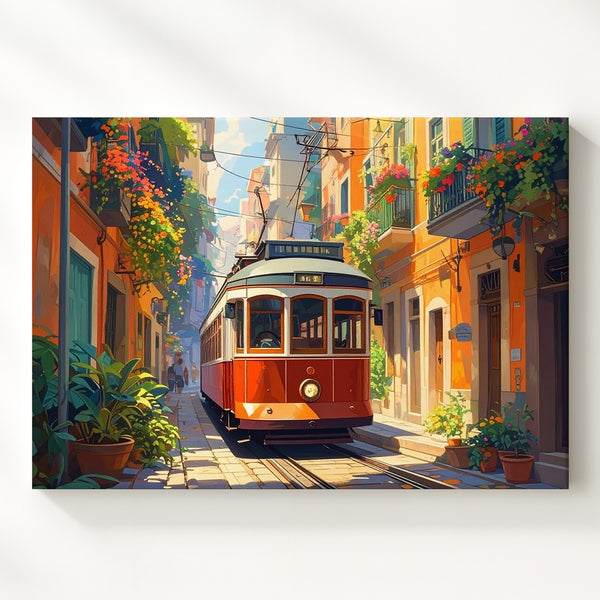 Vintage City Tram Canvas – Colorful European Street Scene Wall Art - Gifitto
