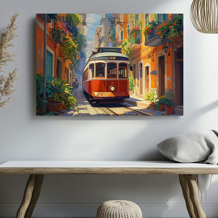 Vintage City Tram Canvas – Colorful European Street Scene Wall Art - Gifitto