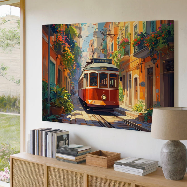 Vintage City Tram Canvas – Colorful European Street Scene Wall Art - Gifitto