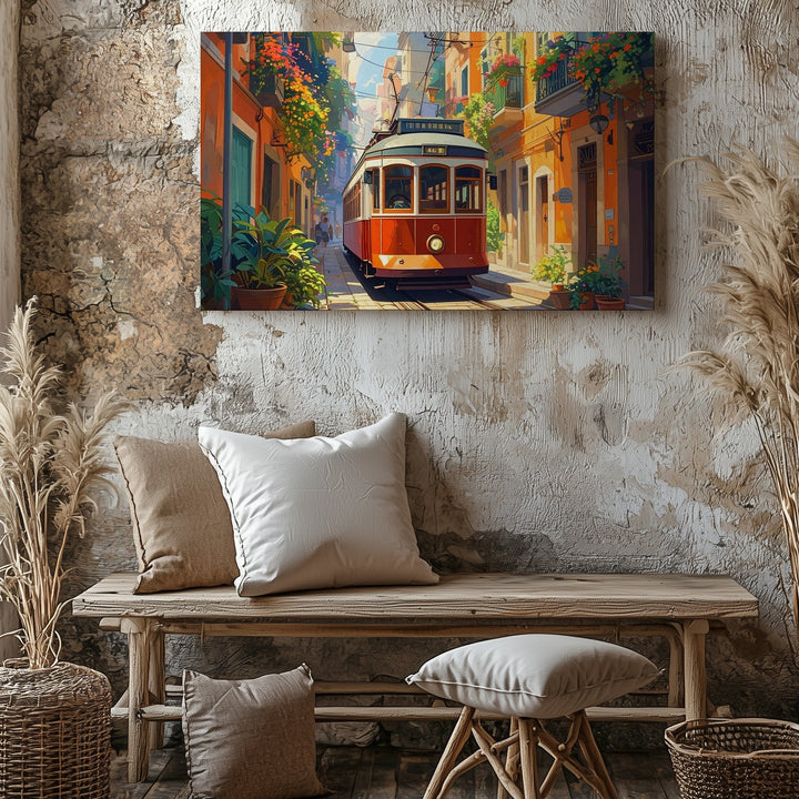 Vintage City Tram Canvas – Colorful European Street Scene Wall Art - Gifitto