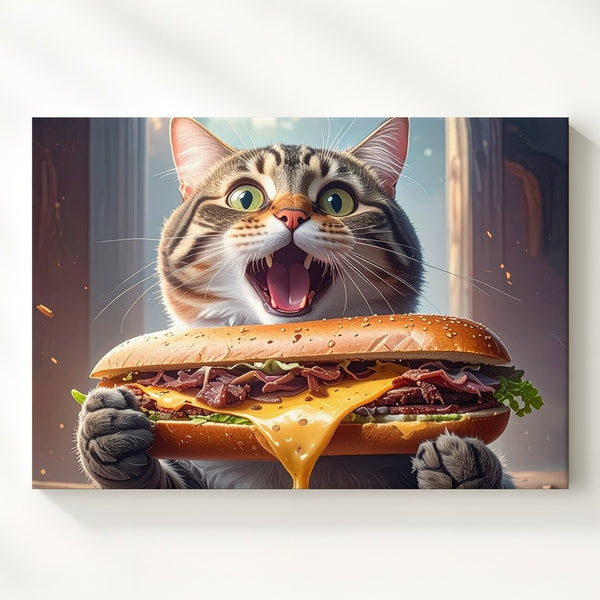 Shocked Tabby Cat with Giant Sandwich Canvas – Comical Feline Food Obsession - Gifitto
