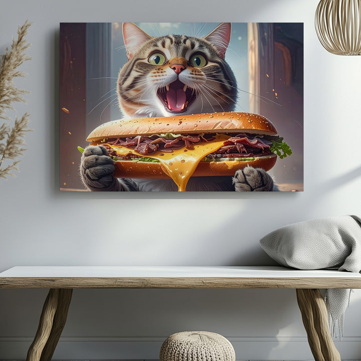 Shocked Tabby Cat with Giant Sandwich Canvas – Comical Feline Food Obsession - Gifitto